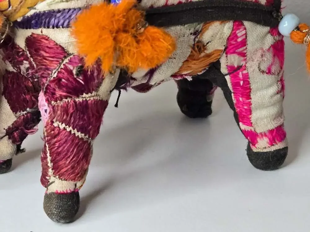 Vintage Handcrafted Indian Folk Art Patchwork Embroidered Beaded Elephant Figure